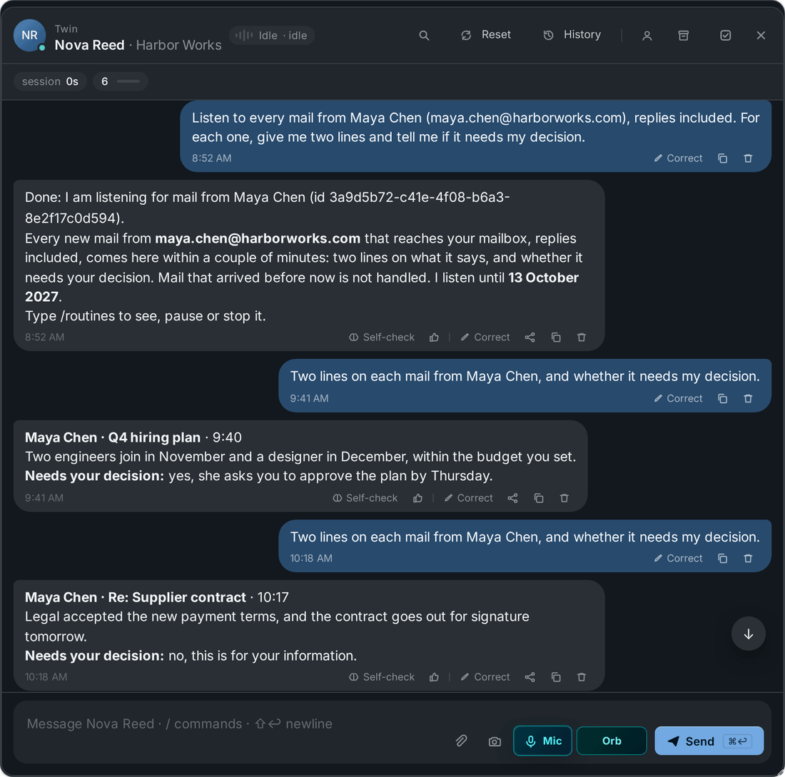 Mail from a colleague handled in the chat with an AI employee: two lines on each mail and whether it needs a decision
