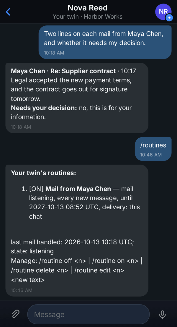 The list of routines shows the listening for mail from a colleague, when the last mail was handled and that it is listening