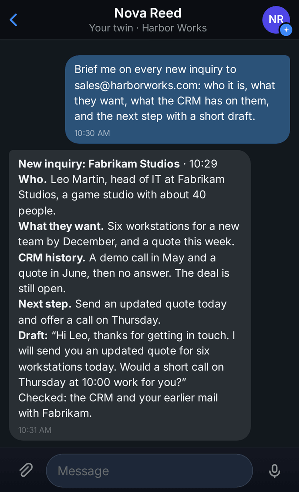 A brief on a new sales inquiry on a phone: who wrote, what they want, the history in the CRM and the next step with a short draft