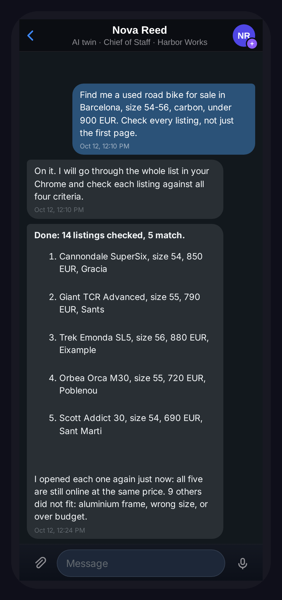 A chat on a phone: the owner asks for a used carbon road bike in Barcelona under 900 euros, and the AI employee answers that it checked 14 listings and found 5 that match, all still online