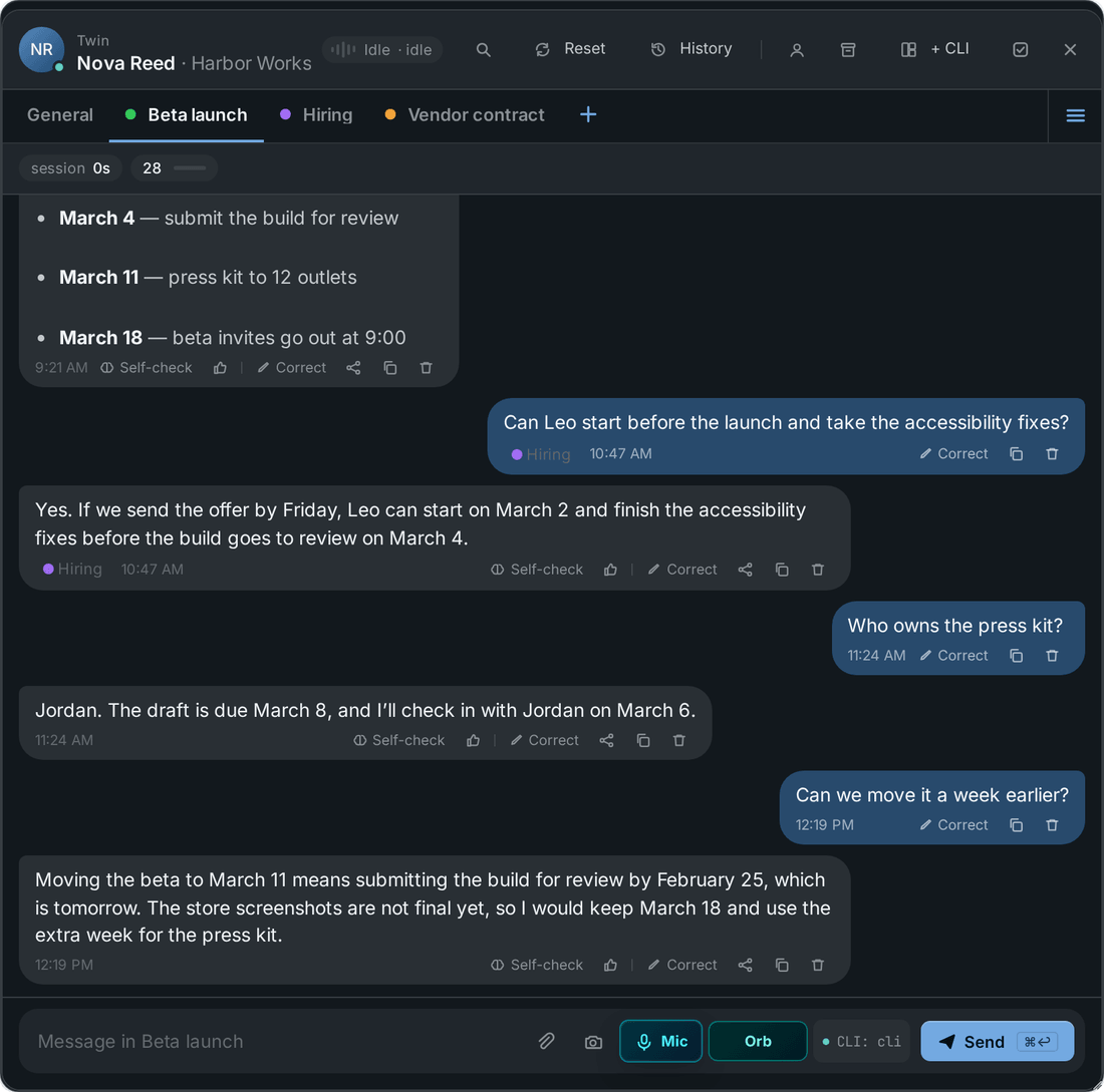 The Boss Chat panel in a desktop browser: under the panel header with the twin's name, the tab row shows General, Beta launch, Hiring, Vendor contract and a plus button, and Beta launch is open.