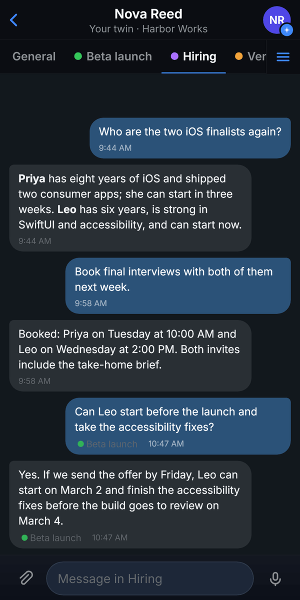 The Hiring topic open on a phone with the message field reading “Message in Hiring”. The last question and answer about Leo also belong to Beta launch, so they show a small green dot labelled Beta launch.