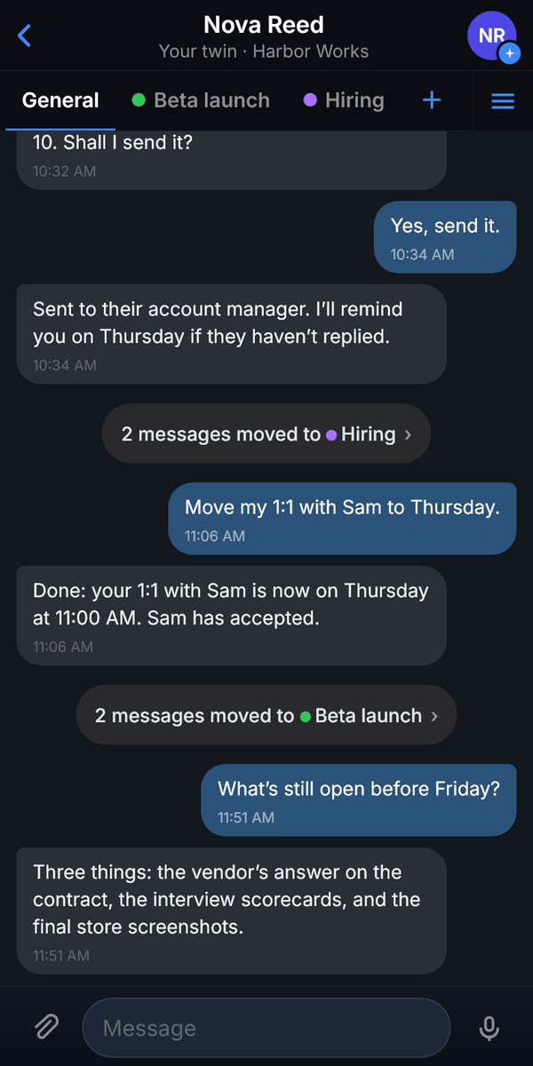 The General tab on a phone with the tab row General, Beta launch, Hiring, plus and the topics list button, and two pills in the chat: “2 messages moved to Hiring” and “2 messages moved to Beta launch”.
