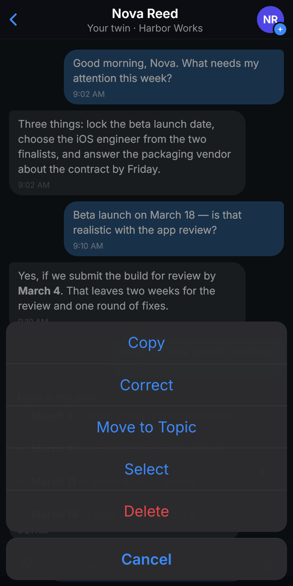 Touch and hold menu on a message in VEP Boss Chat on a phone, with Copy, Correct, Move to Topic, Select, Delete and Cancel. The chat has no topics yet, so there is no tab row.