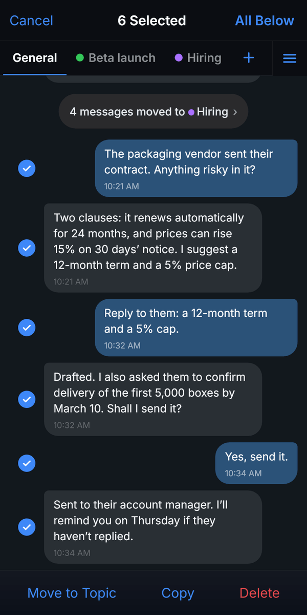 Select mode on a phone: the header reads Cancel, 6 Selected and All Below, three questions and answers about a vendor contract are ticked in pairs, and the bottom bar shows Move to Topic, Copy and Delete.