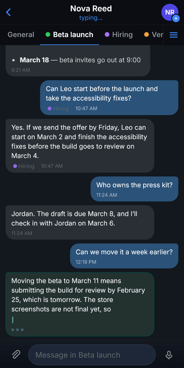 A chat with an AI employee on a phone: topic tabs General, Beta launch, Hiring and Vendor contract above the conversation, with Beta launch open