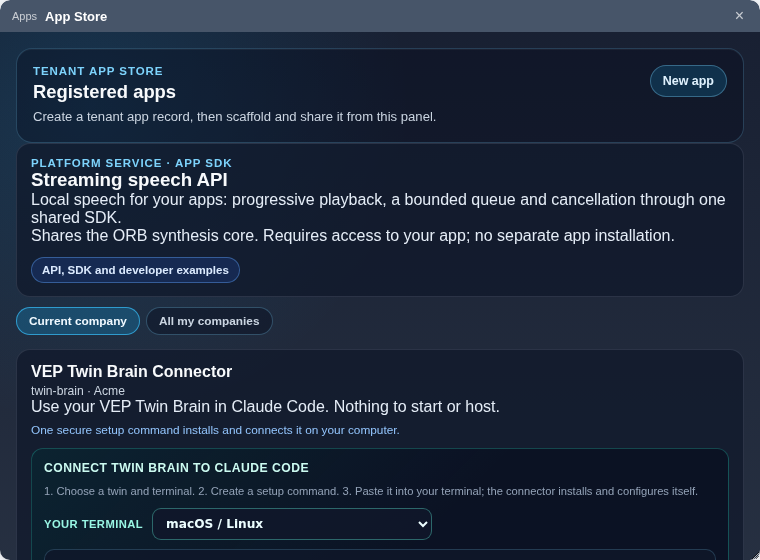 The App Store panel with the VEP Twin Brain Connector card