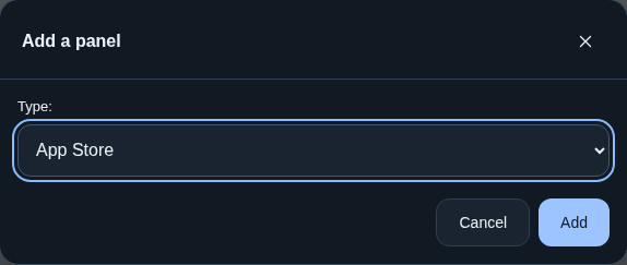 The Add a panel window with Type set to App Store