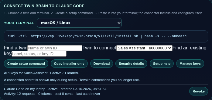The list of connections to a twin with a Revoke button